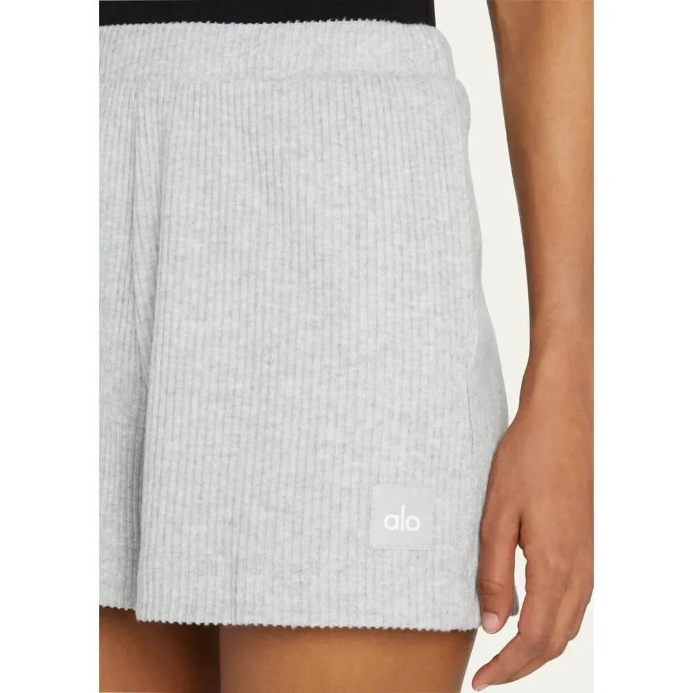 Alo Yoga Muse Ribbed High Waist Athletic Lounge Shorts Heather Gray XS